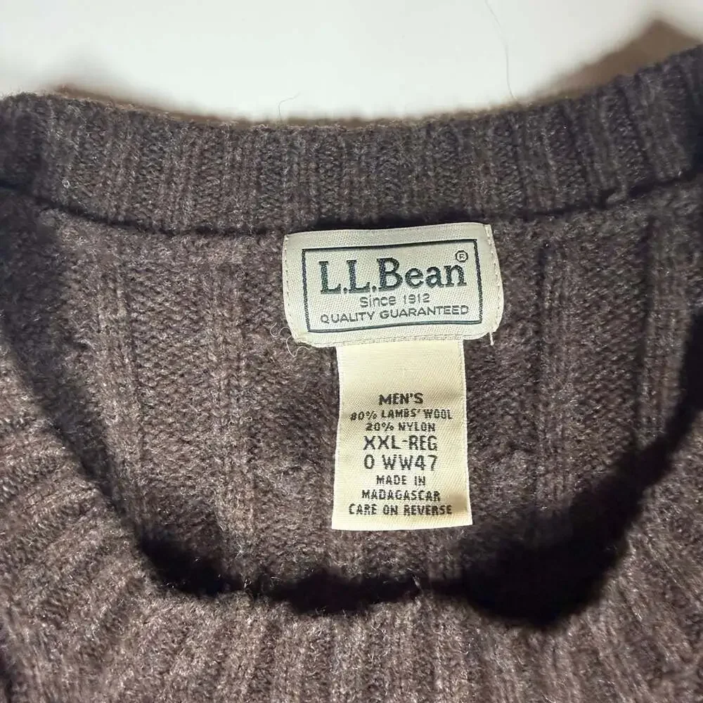LL Bean Men's Lambswool Nylon Blend Cable Knit Crew Neck Sweater Brown XXL-REG